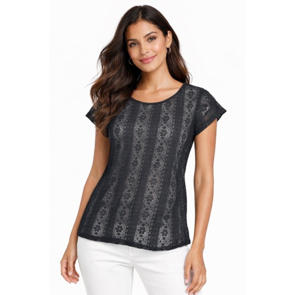 LOFT Sheer Black Lace Short Sleeve Zipper Back Blouse XS Soft Femininity 56-32